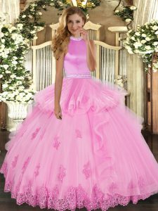 Cute Rose Pink Ball Gowns Beading and Ruffles Vestidos de Quinceanera Backless Tulle Sleeveless Floor Length