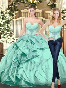 Glamorous Apple Green Organza Lace Up Ball Gown Prom Dress Sleeveless Floor Length Beading and Ruffles