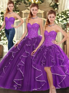 Beading and Ruffles 15th Birthday Dress Eggplant Purple Lace Up Sleeveless Floor Length