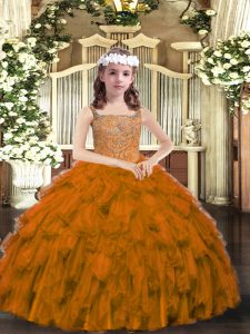 Classical Sleeveless Floor Length Beading and Ruffles Lace Up Glitz Pageant Dress with Brown