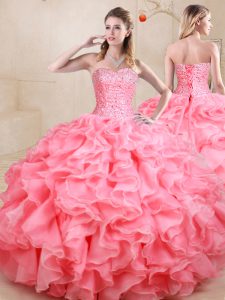 Sweetheart Sleeveless Quinceanera Dress Floor Length Beading and Ruffles Watermelon Red Organza