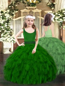 Floor Length Dark Green Pageant Dress Womens Organza Sleeveless Beading and Ruffles