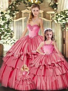 Ruffled Layers Quinceanera Gowns Watermelon Red Lace Up Sleeveless Floor Length
