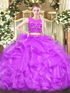 Super Lilac Sleeveless Floor Length Beading and Ruffles Zipper Quinceanera Gown