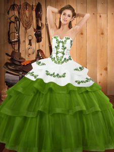 Unique Sweep Train Ball Gowns 15th Birthday Dress Olive Green Strapless Tulle Sleeveless Lace Up