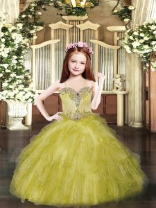 Gorgeous Floor Length Lace Up Child Pageant Dress Olive Green for Party and Quinceanera with Beading and Ruffles