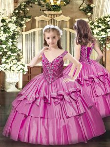 Perfect Fuchsia Lace Up Pageant Gowns For Girls Beading and Ruffled Layers Sleeveless Floor Length