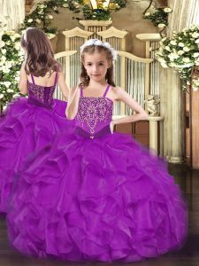 Custom Fit Fuchsia Straps Neckline Beading and Ruffles Little Girls Pageant Dress Sleeveless Lace Up