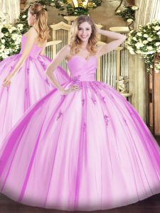 Beauteous Lilac Sleeveless Floor Length Beading and Appliques Lace Up Quinceanera Gowns