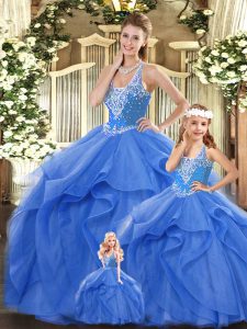 Simple Ball Gowns Ball Gown Prom Dress Blue Straps Tulle Sleeveless Floor Length Lace Up
