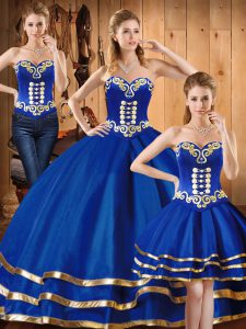 Flare Floor Length Lace Up 15 Quinceanera Dress Blue for Military Ball and Sweet 16 and Quinceanera with Embroidery