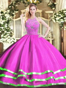 Chic Fuchsia Sleeveless Floor Length Beading Zipper 15 Quinceanera Dress