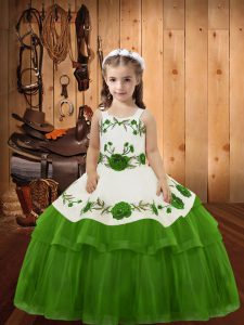Floor Length Olive Green Pageant Dresses Organza Sleeveless Embroidery and Ruffled Layers