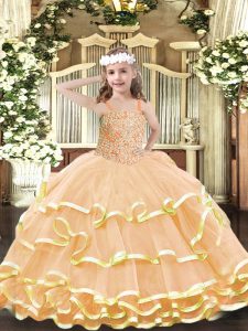 Enchanting Peach Lace Up Straps Beading and Ruffled Layers Winning Pageant Gowns Organza Sleeveless