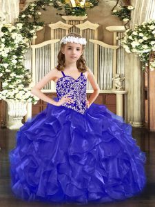 Straps Sleeveless Pageant Dress Toddler Floor Length Beading and Ruffles Blue Organza