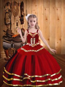 Super Red Sleeveless Floor Length Embroidery and Ruffled Layers Lace Up Little Girl Pageant Gowns