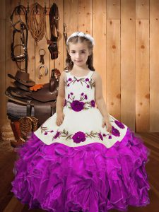 New Style Organza Straps Sleeveless Lace Up Embroidery and Ruffles and Hand Made Flower Pageant Dress in Fuchsia