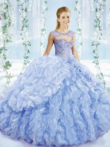 Decent Sleeveless Beading and Ruffles and Pick Ups Lace Up Sweet 16 Dress with Blue Brush Train
