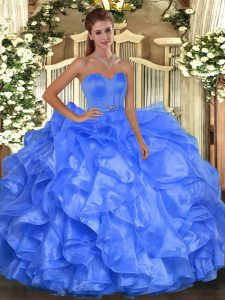 Blue Sleeveless Beading and Ruffles Floor Length Quinceanera Dresses