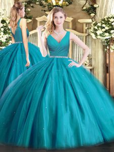 Teal V-neck Neckline Beading Quinceanera Gowns Sleeveless Zipper