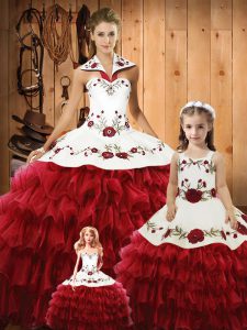 Halter Top Sleeveless Vestidos de Quinceanera Floor Length Embroidery and Ruffles Wine Red Tulle