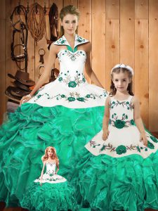 Green Tulle Lace Up Halter Top Sleeveless Floor Length 15th Birthday Dress Embroidery and Ruffles