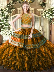 Charming Floor Length Zipper Ball Gown Prom Dress Brown for Military Ball and Sweet 16 and Quinceanera with Beading and Ruffles