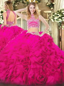 Hot Pink Sleeveless Tulle Backless Quinceanera Gown for Military Ball and Sweet 16 and Quinceanera and Beach