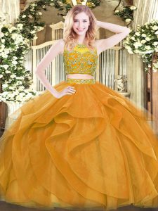 Sleeveless Floor Length Beading and Ruffles Zipper 15 Quinceanera Dress with Gold