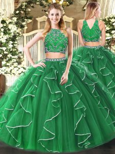Green High-neck Neckline Beading and Ruffles Quinceanera Dress Sleeveless Zipper