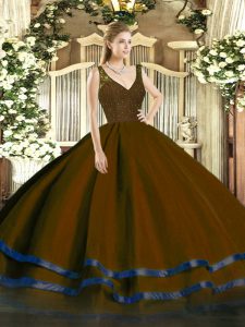 Edgy Brown Quinceanera Gown Sweet 16 and Quinceanera with Beading and Ruffled Layers V-neck Sleeveless Zipper