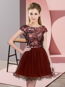 Attractive Wine Red Zipper Quinceanera Court of Honor Dress Sequins Cap Sleeves Mini Length