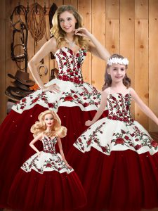 Wine Red Ball Gowns Sweetheart Sleeveless Tulle Floor Length Lace Up Embroidery 15 Quinceanera Dress