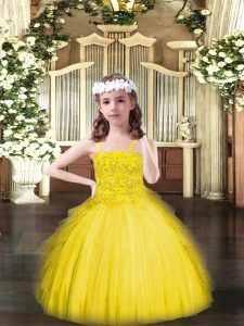 Custom Made Sleeveless Floor Length Beading and Ruffles Lace Up Pageant Dress Womens with Yellow
