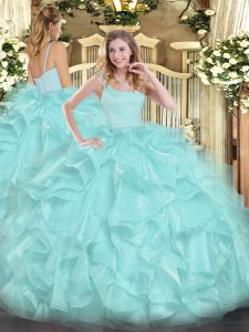 Affordable Floor Length Ball Gowns Sleeveless Aqua Blue Quinceanera Gown Zipper