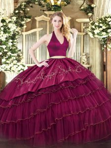Stunning Burgundy Sleeveless Embroidery and Ruffled Layers Floor Length 15 Quinceanera Dress