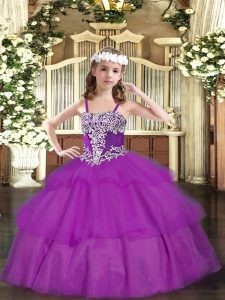 Fuchsia Lace Up Straps Appliques and Ruffled Layers Little Girl Pageant Dress Organza Sleeveless