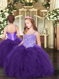 High Class Tulle Spaghetti Straps Sleeveless Lace Up Appliques and Ruffles Pageant Dress for Girls in Purple