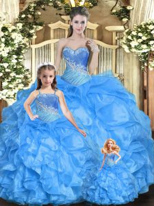 Wonderful Sweetheart Sleeveless Quinceanera Gown Floor Length Beading and Ruffles Baby Blue Tulle