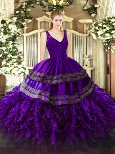 Exceptional Purple Sleeveless Floor Length Beading and Lace and Ruffles Backless Ball Gown Prom Dress