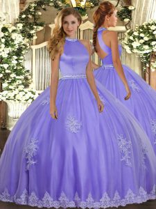 Graceful Lavender Tulle Backless Halter Top Sleeveless Floor Length Sweet 16 Dresses Beading and Appliques