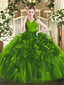 Delicate Olive Green Sleeveless Floor Length Ruffles Zipper 15th Birthday Dress