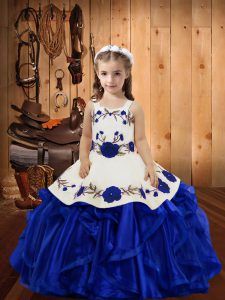 Nice Straps Sleeveless Kids Formal Wear Floor Length Embroidery and Ruffles Royal Blue Organza