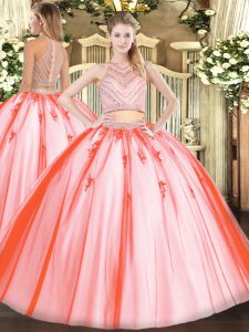 Scoop Sleeveless Quinceanera Gown Floor Length Beading Watermelon Red Tulle