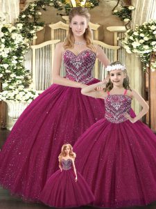 Elegant Burgundy Ball Gowns Beading Sweet 16 Dresses Lace Up Tulle Sleeveless Floor Length