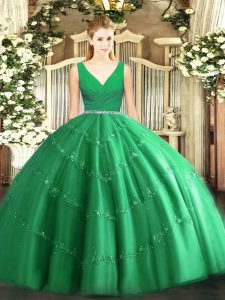 Green Zipper V-neck Beading Vestidos de Quinceanera Tulle Sleeveless