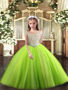 Cheap Sleeveless Tulle Floor Length Lace Up Pageant Dress for Girls in Yellow Green with Beading