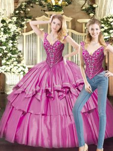 Fuchsia Sleeveless Floor Length Beading and Ruffled Layers Lace Up Ball Gown Prom Dress