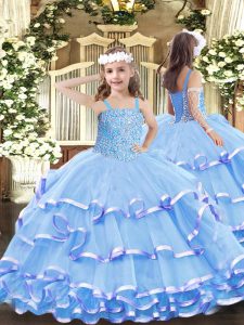 Aqua Blue Sleeveless Organza Lace Up Pageant Dress for Womens for Party and Quinceanera