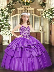 Hot Selling Organza Sleeveless Floor Length Pageant Dress Toddler and Beading and Ruffled Layers
